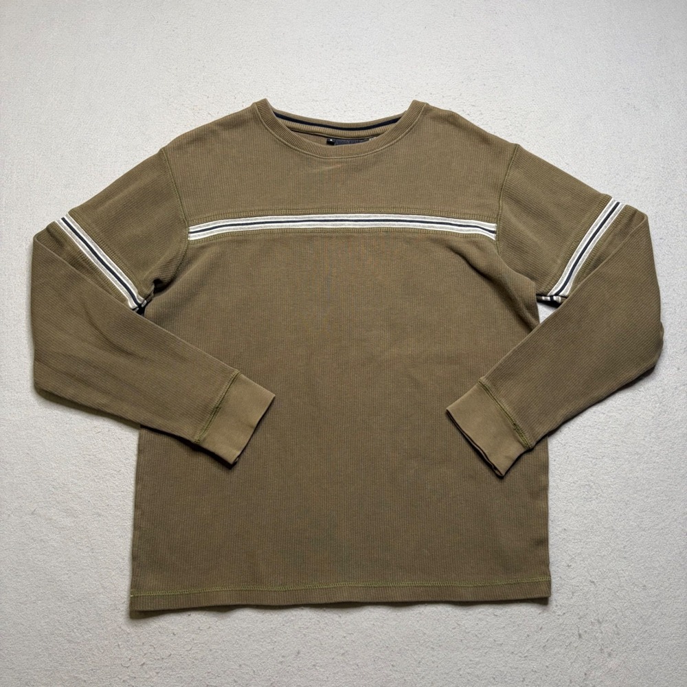 Point Zero Thermal Shirt Mens Small Olive Y2K Ribbed Chest Stripe Long Sleeve